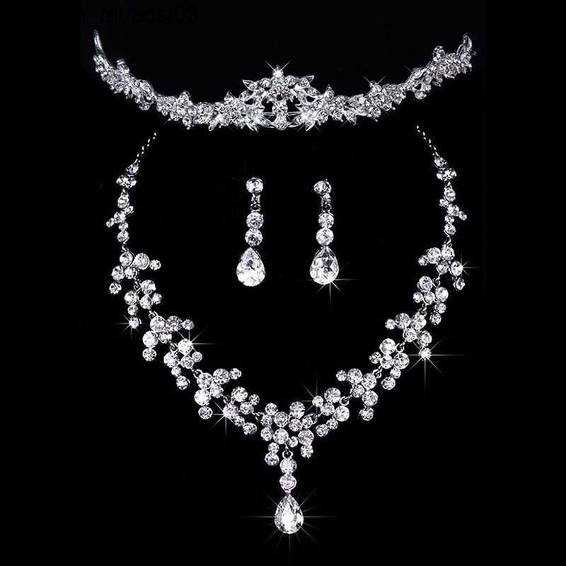 Örhängen halsband örhängen halsband kristallstenar silver färg brud bröllop uppsättningar halsband örhängen tiara smycken set för kvinnor gåva 230506 z230630
