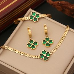 Boucles d'oreilles collier émeraude trèfle à quatre feuilles collier Bracelet acier inoxydable boucle d'oreille ensemble de bijoux 230703
