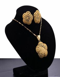 Oorbellen ketting Ethiopië 24k gouden kleur Dubai sieraden sets vrouwen Afrikaanse feest huwelijksgeschenken en 45 cm hanger1889951