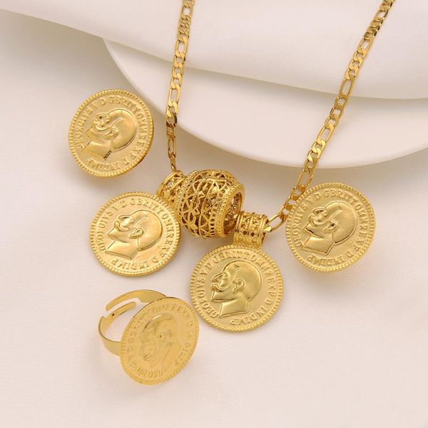 Pendientes Collar Conjuntos de joyas de oro etíope 24k Gran moneda Colgante Pendiente Anillo Dubai Regalos para mujeres Africano Eritrea Boda Nupcial SetEa