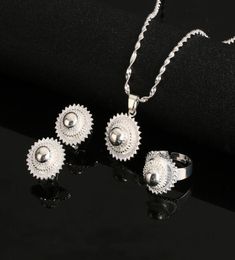 Collier de boucles d'oreilles Ethiopian Silver Color Pendant Ring Habesha Women Jewelry Set 4020918