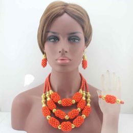 Boucles d'oreilles collier fabuleux cristal nigérian perles orange ensemble de bijoux pendentif fait à la main de mariage W13603