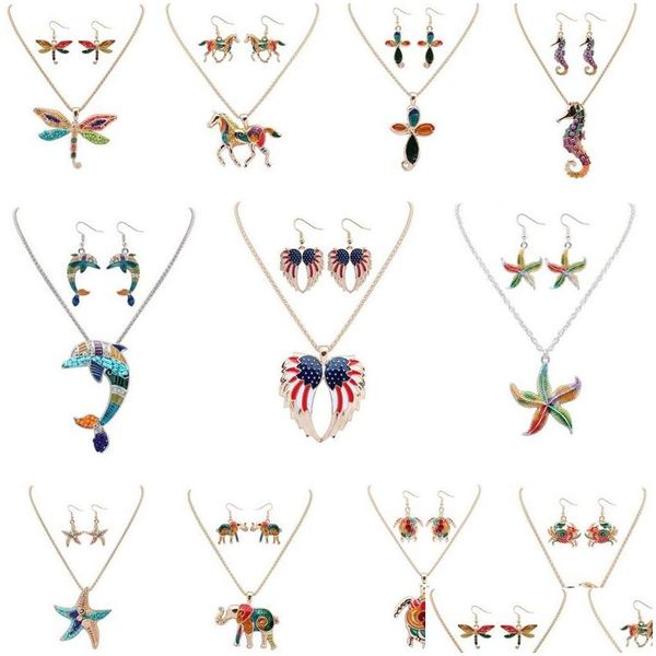 Boucles d'oreilles Collier Mode 2Pcs / Set Ensembles de bijoux Boucles d'oreilles Collier Bohème Alliage Émail Éléphant Aile Dauphin Hippocampe Étoile de Mer Ani Dhqqc