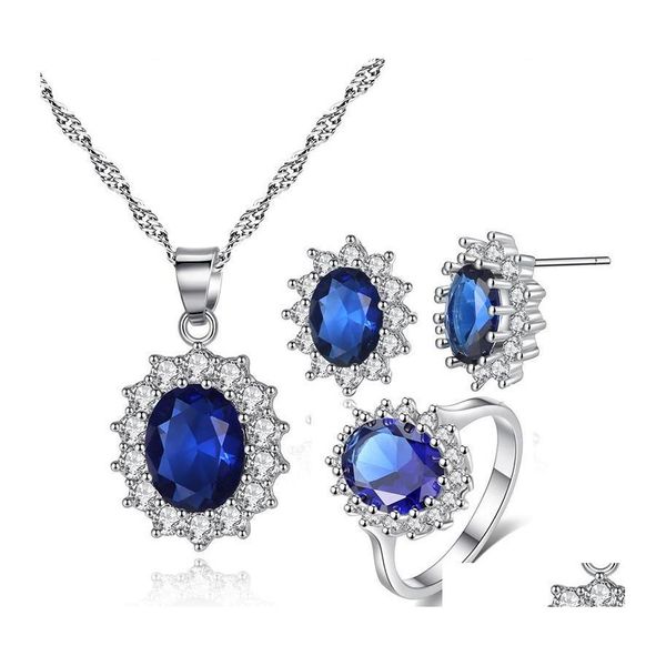 Boucles d'oreilles collier mode bleu cristal pierre ensemble de bijoux de mariage mariées Sier couleur costume pour les femmes livraison directe ensembles Ot1Sm