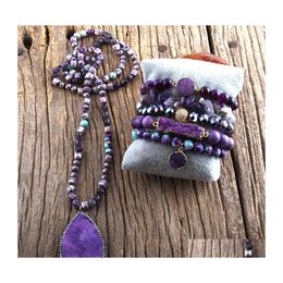 Oorbellen ketting mode boho sieraden set semi kostbare steen geknoopte natuurlijke stenen druzy charm hanger armband drop levering se dhd6o