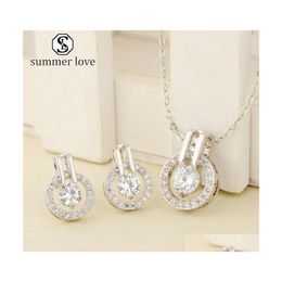 Boucles d'oreilles Collier Mode Zircone Cubique Brillant Strass Pendentif Stud Ensemble Petit Rond 3A CZ Demoiselle D'honneur Bijoux De Mariage Gifty Drop Dha1T