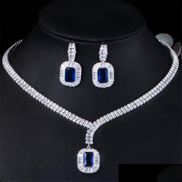 Boucles d'oreilles Collier Mode Diamant Tennis Boucle d'oreille Designer Bijoux Ensemble Sier Bridal Africain Ensembles Bleu Blanc Aaa Cubique Zircone Femme Dhbwh