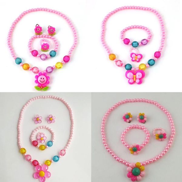 Pendientes collar moda niñas plástico joyería conjunto niños dibujos animados imitación perla sol flor mariposa lindo cumpleaños juguete para regalo