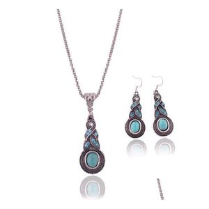 Oorbellen Ketting Mode Vintage Patroon Blauw Kristal Turquoise Hanger Sieraden Sets Voor Feest Vrouwen Jurken Accessoires Sale 10 Dhhga