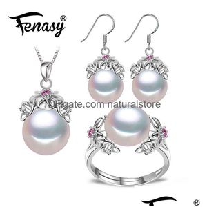 Pendientes Collar Fenasy 925 Sterling Sier Perla Natural Rubí Conjuntos de joyas para mujeres Vintage Cuelga Flor Bohemia J190718 Drop Deliv Dhocn