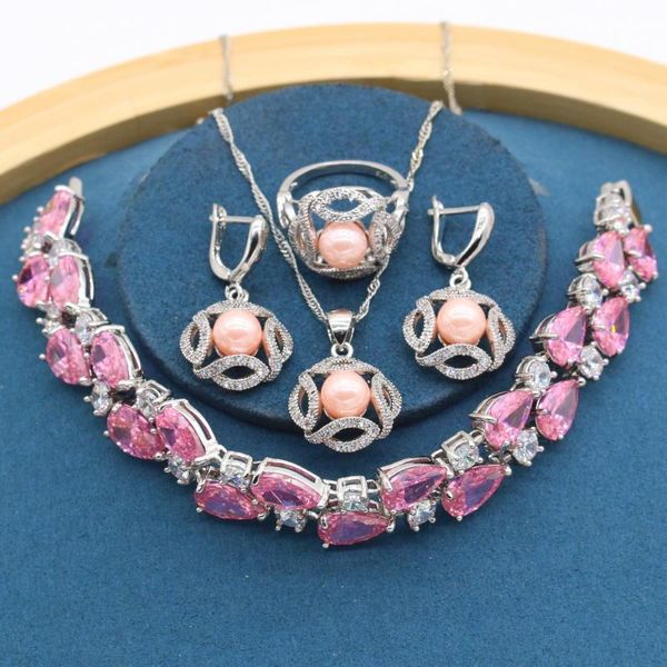 Boucles d'oreilles collier géométrique rose perle couleur argent pour femmes ensembles de bijoux pendentif anneau zircone Bracelet boîte-cadeau de mariée