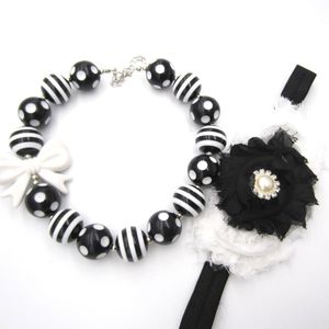 Boucles d'oreilles collier filles bébé cadeau 20mm acrylique noir-blanc rayure football perlé blanc noeud noeud gros bubble gum bandeau ensemble de bijoux