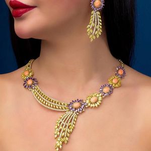 Oorbellen ketting Godki trendy echte roze koraal -uae sieraden sets voor vrouwen trouwfeest zirkon cz African Dubai Bridal Set Dance