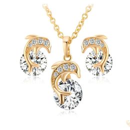 Pendientes Collar Juego de joyas chapadas en oro Fashion Dolphin Charms Cubic Zircon Zirconia Diamond Stud Earring para gota Delive Dhkjo