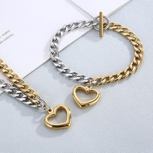 Oorbellen ketting gouden hartvormige armband en vrouwen bruiloft mode roestvrij staal sieraden set cadeau