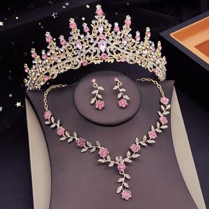 Oorbellen ketting prachtige kristal tiaras bruids sieraden sets voor dames kroon bloem choker ketting sets bruiloft bruid kostuum sieraden set 230818