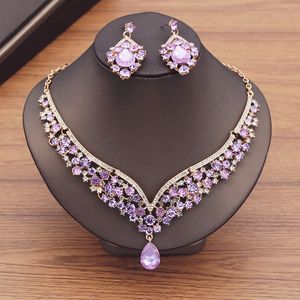 Boucles d'oreilles collier magnifique robe de mariée en cristal violet collier ras du cou ensembles pour femmes ensembles de bijoux de mariée boucles d'oreilles ensembles de bijoux de Dubaï mode 230703