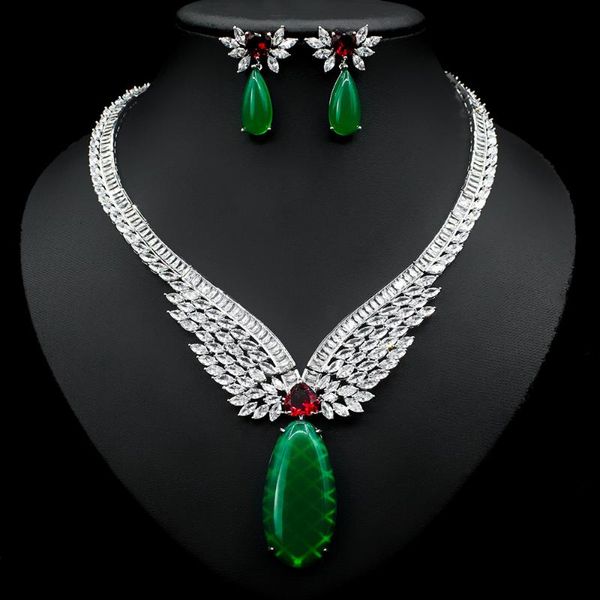 Collier de boucles d'oreilles Green Cumbic Zirconia Big Pendientes ensembles Dubai Wedding Bridal Bijoux Fashion White Gold Color N-1230 Garnités d'oreille