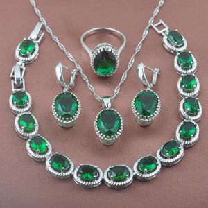 Oorbellen ketting groene kubieke zirkonia sieraden sets voor vrouwen bruiloft kostuum zilveren kleur ringen armband set 2021 yz0192