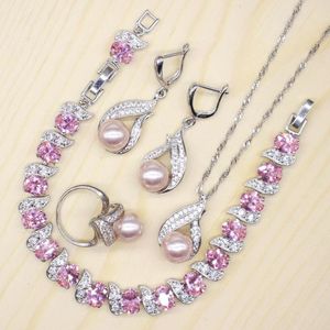 Boucles d'oreilles collier GZJY femmes rose perle fraîche 925 argent bijoux de mariage ensembles cristal Bracelet goutte anneau pour la fête