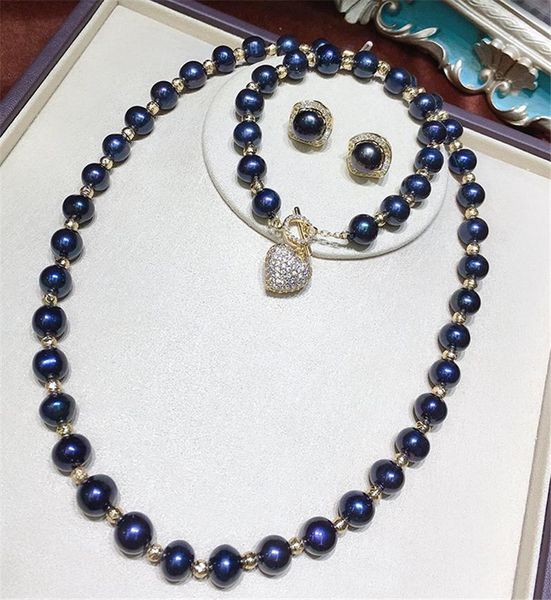 HABITOO – ensemble de bijoux de luxe en perles noires naturelles, 10-11mm, mélange de perles dorées, ensemble de bijoux en forme de cœur, fermoir en Zircon cubique, cadeaux