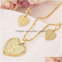 Earrings  Necklace Heart Cross Jewelry Sets Classical Necklaces Pendant Set 18 K Yellow Solid Gold Arab/Africa Wedding Brides Drop D Dhawr