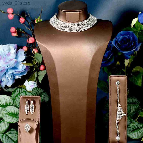 Pendientes Collar HIBRIDE Diseño de gargantilla 4 piezas Collar de gota de agua Conjuntos de aretes para mujeres Fiesta de boda nupcial Conjunto de joyería india Accesorios N-1578 L240323