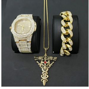 Boucles d'oreilles collier Hip Hop or argent couleur croix bijoux luxe hommes montre Bracelet Combo énoncé pendentif cubain pour