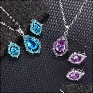 Collier de boucles d'oreilles Iced Set Out Cumbic Zirconia Crystal Rimestone Waterd Trop Pendant Wedding Bijoux Set pour les femmes Girls Bridal Drop Dhn9j