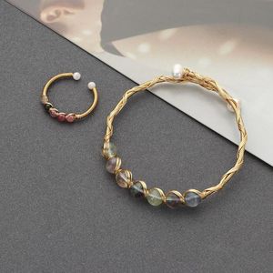 Pendientes Collar Joyas Envoltura de alambre de metal Brazalete chapado en oro Piedra de cristal Brazalete Anillo de turmalina Pulsera de fluorita para mujeres | Niñas