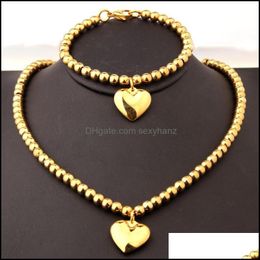 Oorbellen ketting sieraden sets 6mm gouden roestvrij stalen kralen kettingen armbanden hartvormige aessories set, druppel levering 2021