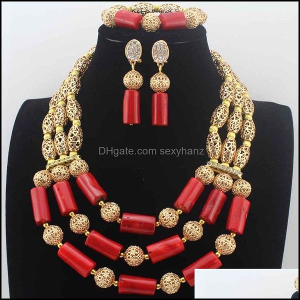 Boucles d'oreilles Collier Ensembles de bijoux Belles perles de corail violet Ensemble de mariage nigérian Costume africain W13669 Drop Delivery 2021 Oe2Qb