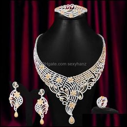 Oorbellen ketting sieraden sets bicolor 4 stks mode luxe bladeren Afrika voor vrouwen bruiloft Party Cubic Zirconia Dubai Bridal 2021 Drop Del