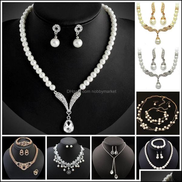 Boucles d'oreilles collier ensembles de bijoux demoiselle d'honneur ensemble pour mariage cristal strass larme en forme de goutte mode perle pendentifs boucle d'oreille fête goutte De