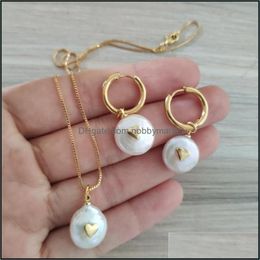 Boucles d'oreilles Collier Ensembles de Bijoux Chic Minuscule Or Coeur Charme Perle D'eau Douce Perle Dainty Mince Lien Cerceau Bouton Femmes Boucle D'oreille Pendentif Dr