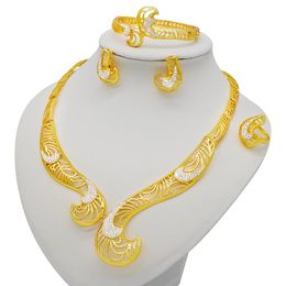 Ensemble de bijoux en or 24 carats pour femmes, boucles d'oreilles, collier, cadeaux de mariage africains, Bracelet de fête de mariée, ensemble de bagues rondes