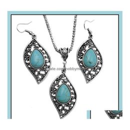 Oorbellen ketting sieraden sets mode turquoise set antieke sier bladeren hang kettingen over 2 stks voor vrouwen drop levering 2 dhznl