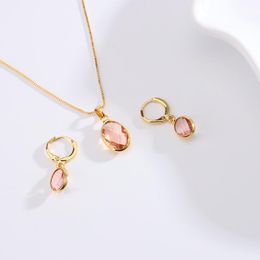 Pendientes, collar, juegos de joyas para mujer, colgante de circón redondo rosa, gota perforada, tendencia 2022, accesorios de boda nupciales de lujo, regalo