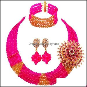 Oorbellen Ketting Sieraden Sets Fuchsia Gold AB Afrikaanse kralen Set Kostuum Crystal Party 3JK05 Drop levering 2021 BGEV9