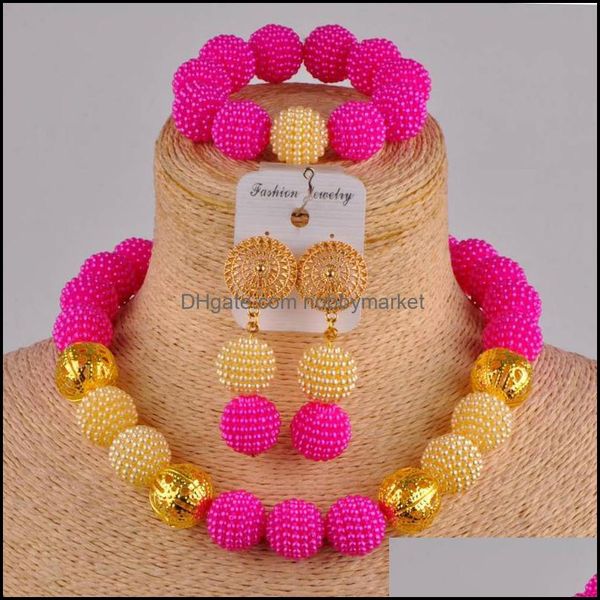 Boucles d'oreilles Collier Ensembles de bijoux Fuchsia Or Ensemble africain Simated Pearl Costume Perles de mariage nigérianes Zz10 Drop Delivery 2021 Oebnw