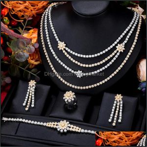 Oorbellen Ketting Sieraden Sets Godki Trendy 4 stks 3Layer Kundan Set voor Dames Bruiloft Party Cubic Zirkoon Crystal Dubai Bridal Drop Levering