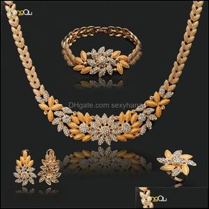 Pendientes Collar Conjuntos de joyas Longqu Moda Granos africanos Conjunto Venta al por mayor Dubai Gold-Colorf Flower Brand Nigerian Wedding Drop Delivery 20
