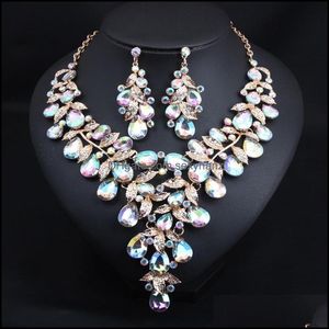 Oorbellen Ketting Sieraden Sets Luxe Vrouwen Party Wedding Set Geschenken Colorf Rhinestones Water Drop Elegante Bruid Crystal Aessoires Levering