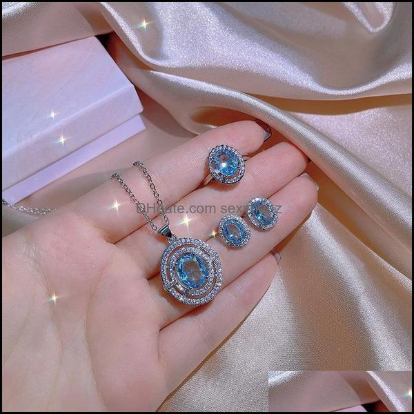 Pendientes Collar Conjuntos de joyas Ocean Blue Zircon Conjunto para mujer Anillo de tres piezas Boda Nupcial Drop Entrega 2021 Zoyfx