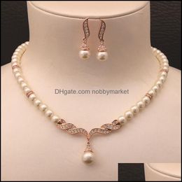 Oorbellen ketting sieraden sets rose goud kleur crème glas parel en strass kristal bruids drop levering 2021 jucll