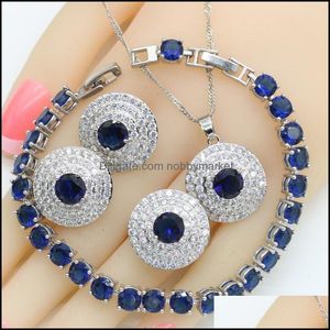 Oorbellen ketting sieraden sets ronde sier kleur bruids voor vrouwen blauw wit zirkoon hanger armbanden ringen geschenkdoos drop levering 2021 knt