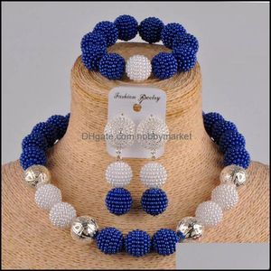 Boucles d'oreilles collier ensembles de bijoux bleu royal et blanc perles africaines ensemble costume de perles simées mariage nigérian Zz10 Drop Delivery 2021 Umnqb