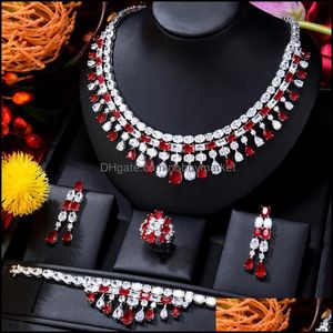 Boucles d'oreilles collier ensembles de bijoux Soramoore célèbre conception brillant mode 4 pièces rouge luxe africain ensemble pour les femmes mariage Dubai mariée 2021 goutte
