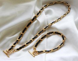 Collier de boucles d'oreilles Chaîne de cou en cuir OT Bracelet noir pour femmes en acier inoxydable