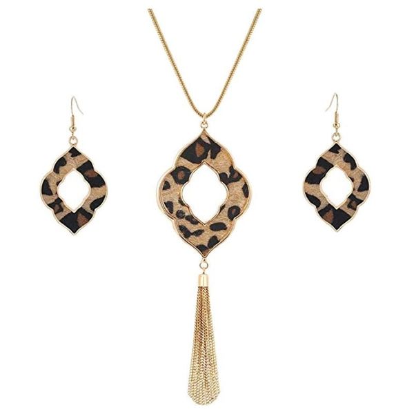 Boucles d'oreilles collier Long pour femmes imprimé léopard guépard en cuir goutte ensemble pendentif géométrique frange gland 2741